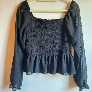 Moa Moa - Black Peplum top with Sheer Polka Dot Puff Sleeves - Size M